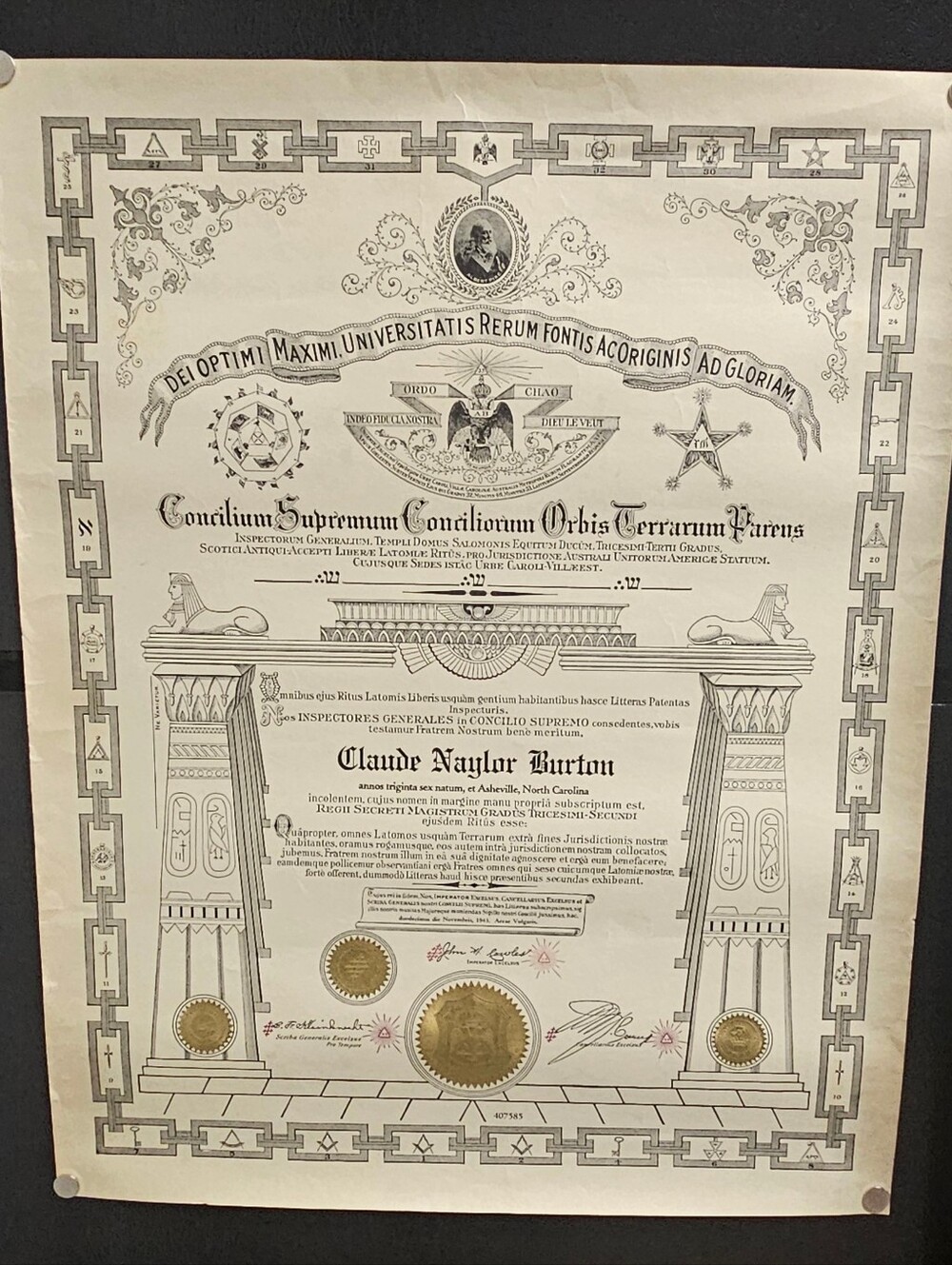 Authentic 1943 Masonic Scottish Rite Freemasonry Certificate